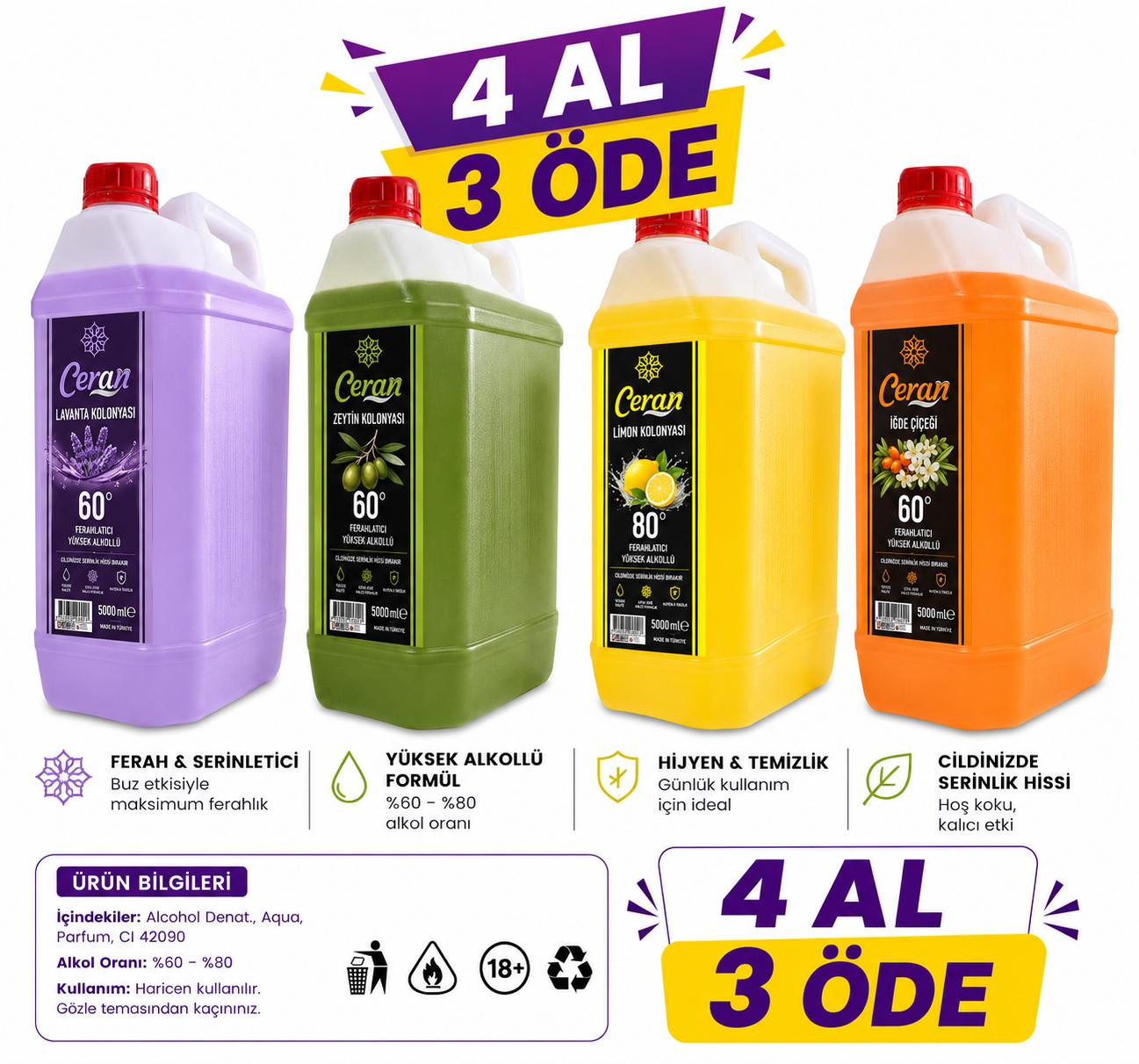 5 LİTRE 4 ADET KOLONYA 4 AL 3 ÖDE